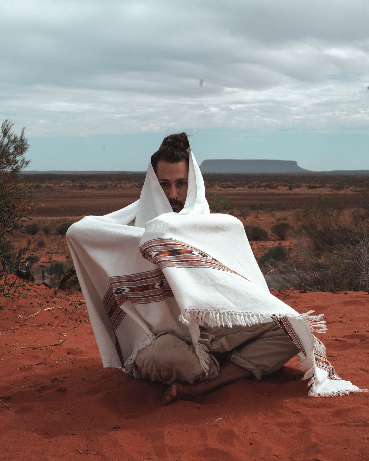 BHAVA Shawl White Handwoven Wool Meditation Prayer Scarf Blanket Premium Pure Cashmere Tibetan Winter Tribal Zen Embroidery Boho AJJAYA