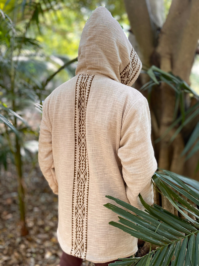 AMAGUK Beige Hooded Mens Fleece Jacket Hoodie Jumper Large Hood Block Printed Tribal Geometric Pattern Primitive Festival Alternative AJJAYA