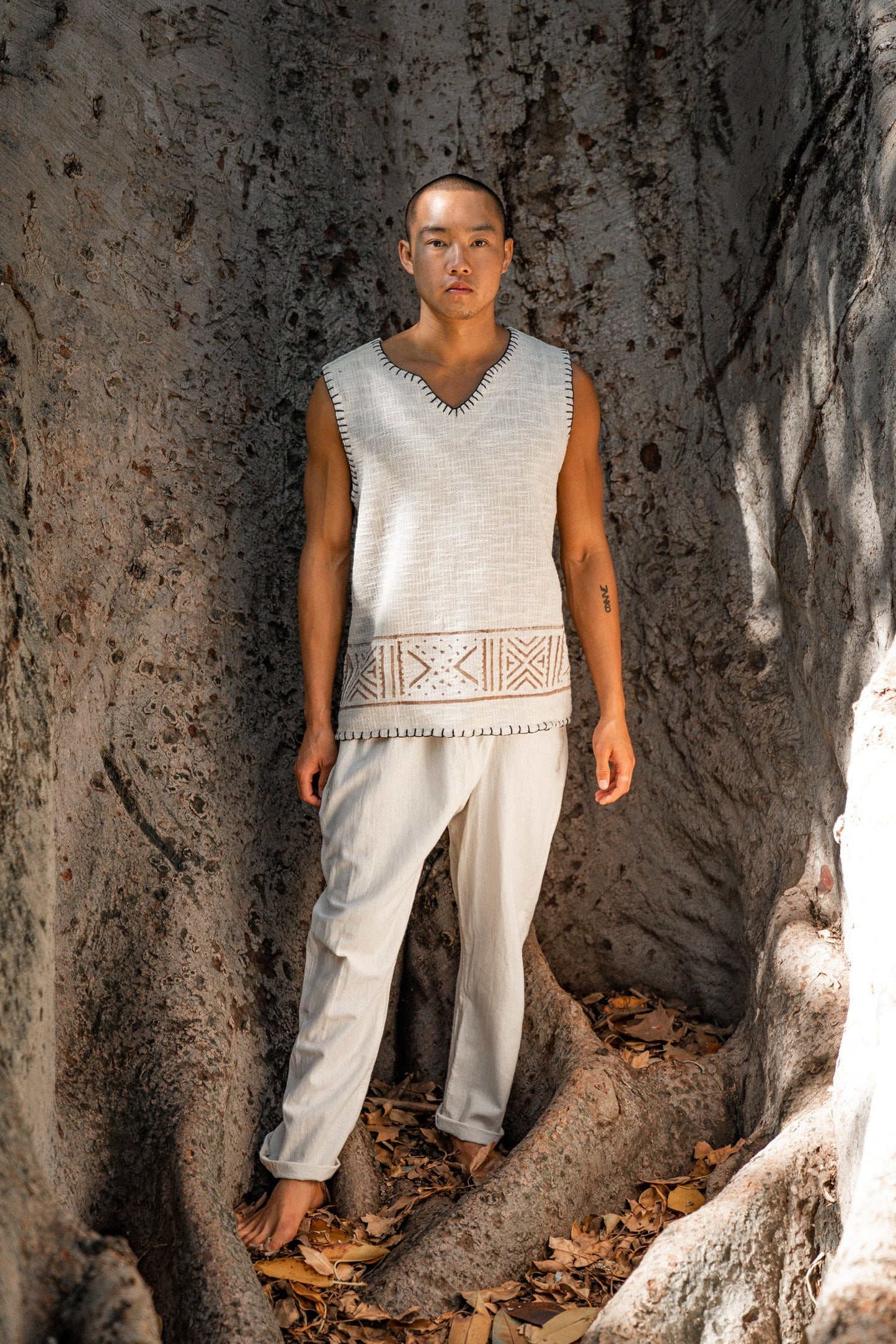 KAURI Beige Mens Sleeveless Tank Top Handmade Muscle Gypsy Earthy Shirt, Tribal Jungle Natural Savage Festival Rave AJJAYA Nomadic Primitive