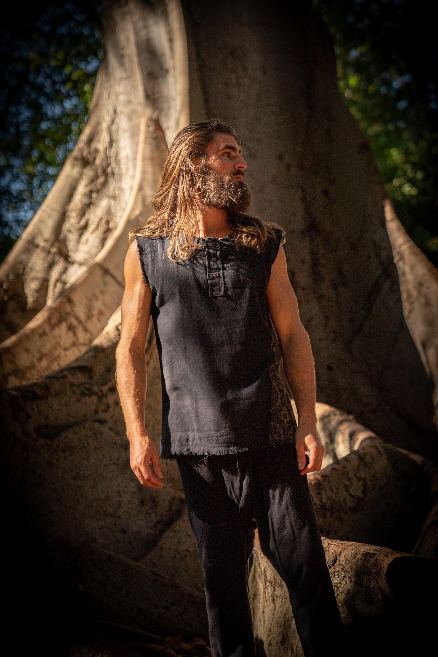 Mens Tank Top Neo SHIPIBO Black Gypsy Sleeveless Earthy T Shirt, Open Neck Tribal Jungle Primitive Festival Rave AJJAYA Nomadic Primitive