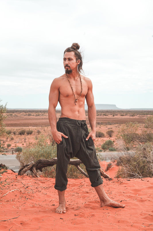 Mens Cotton Pants Green Drop Crotch Harem Alibaba Yoga Comfortable Breathable One Size Loose Fit Festival Boho Hippie Natural Earthy AJJAYA