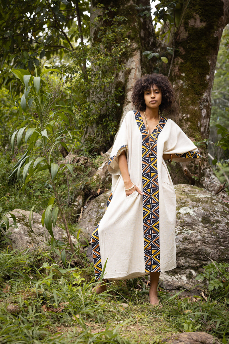 KAFATU Womens Beige Kaftan Dress Maxi African Tribal Patterns Handmade Robe Natural Cotton with Pockets Ceremony Ritual Festival Boho AJJAYA
