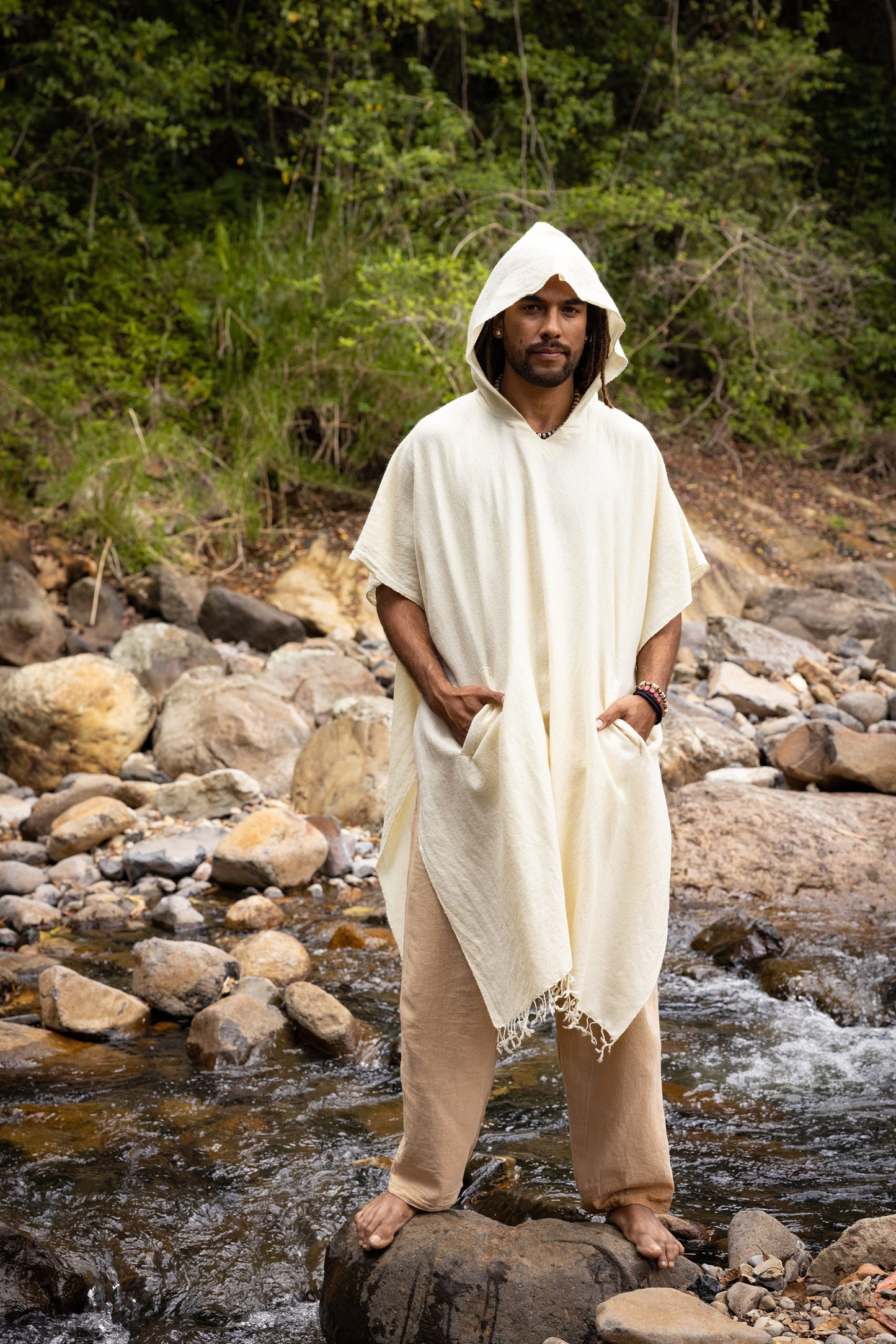 SAHAJI Poncho Beige Pure Cashmere Wool Hooded Mens Long with Pockets Handmade Handwoven Viking Festival Ceremony Gypsy Boho Mexican AJJAYA