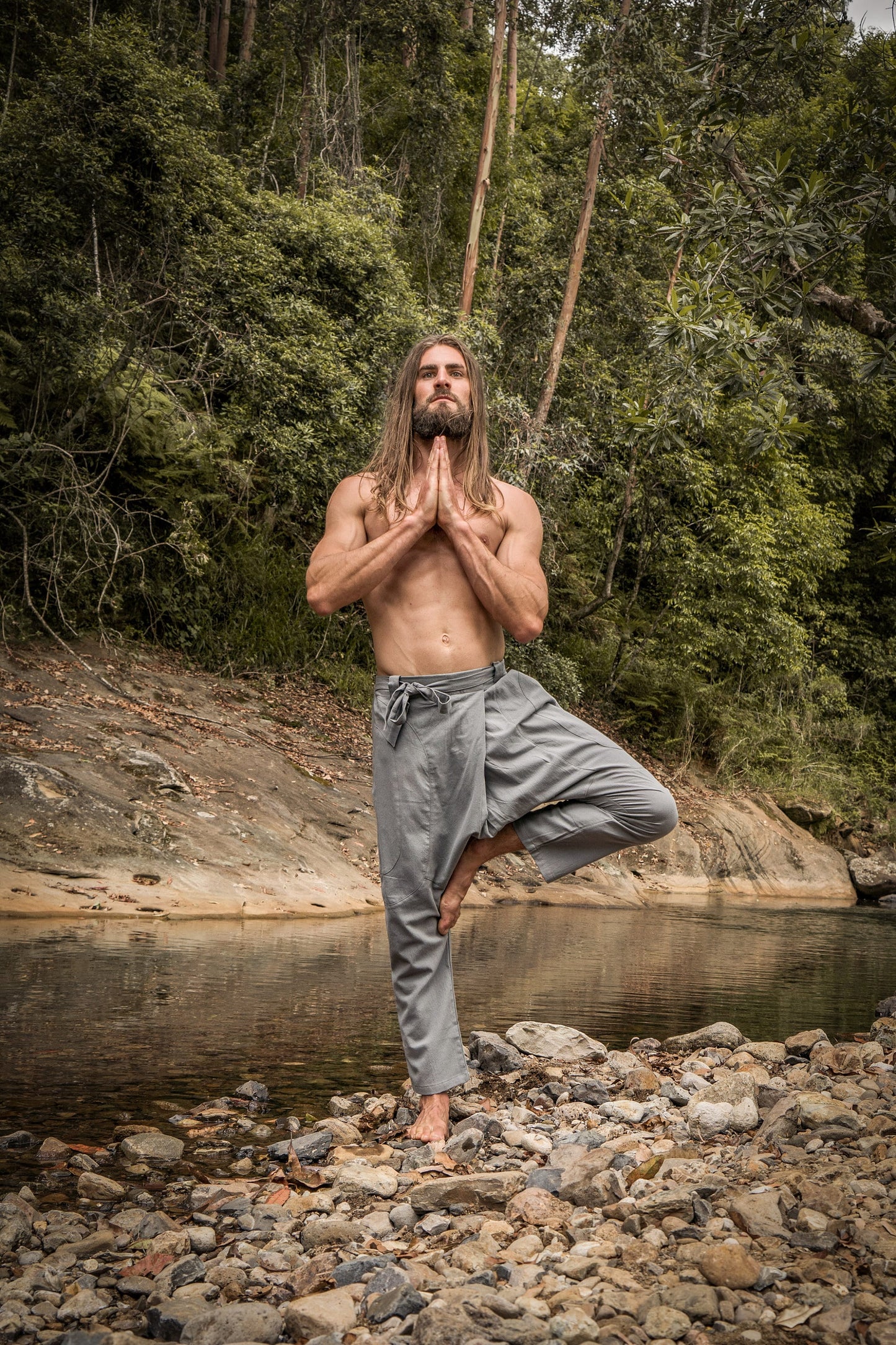 Mens Grey Cotton Pants Drop Crotch Harem Alibaba Yoga Comfortable Breathable One Size Loose Fit Festival Boho Hippie Natural Earthy AJJAYA
