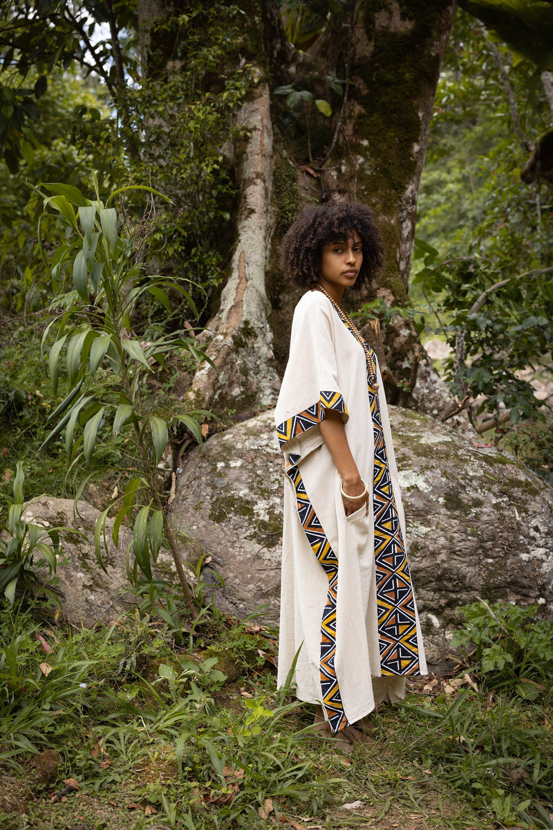 KAFATU Womens Beige Kaftan Dress Maxi African Tribal Patterns Handmade Robe Natural Cotton with Pockets Ceremony Ritual Festival Boho AJJAYA