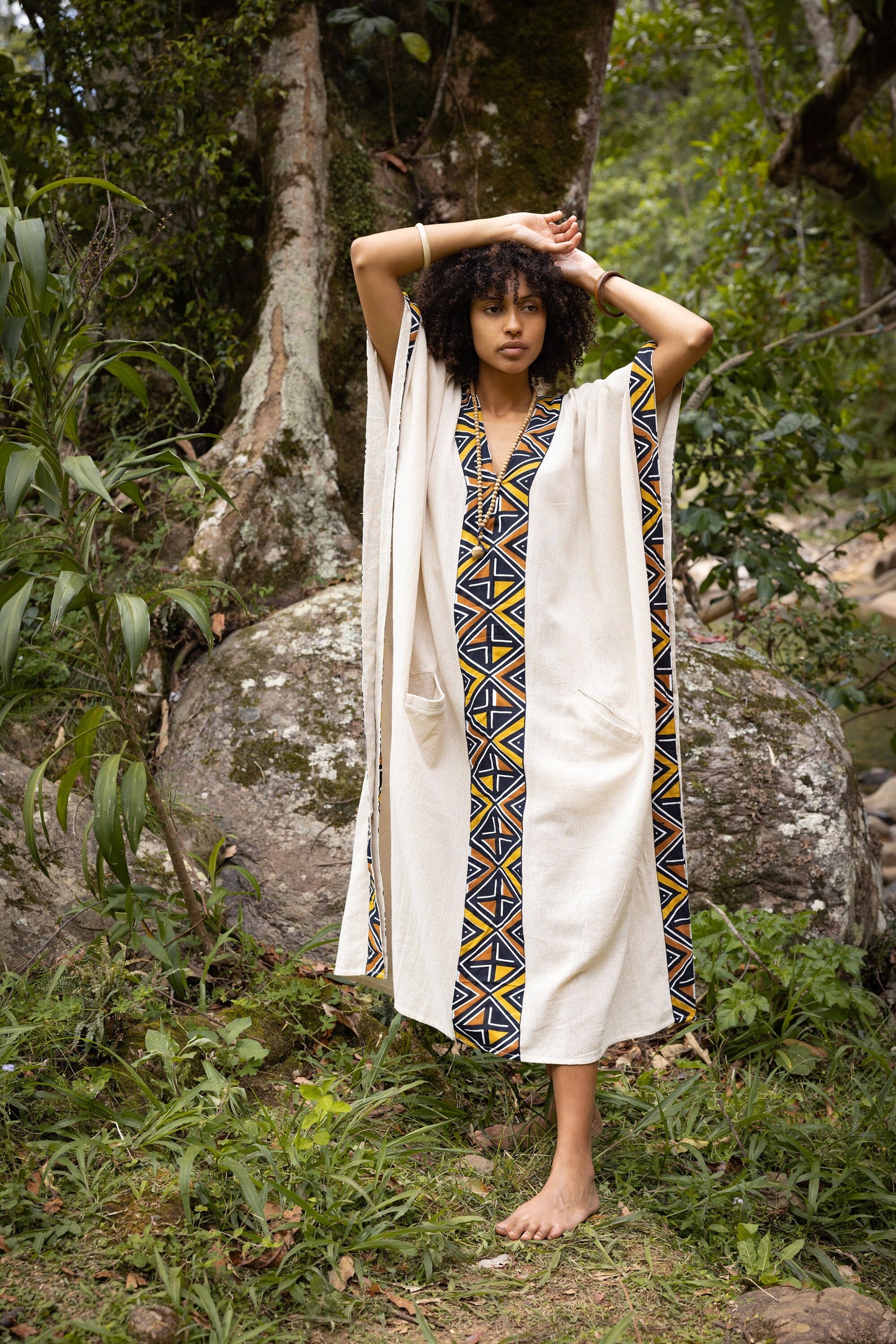 KAFATU Womens Beige Kaftan Dress Maxi African Tribal Patterns Handmade Robe Natural Cotton with Pockets Ceremony Ritual Festival Boho AJJAYA