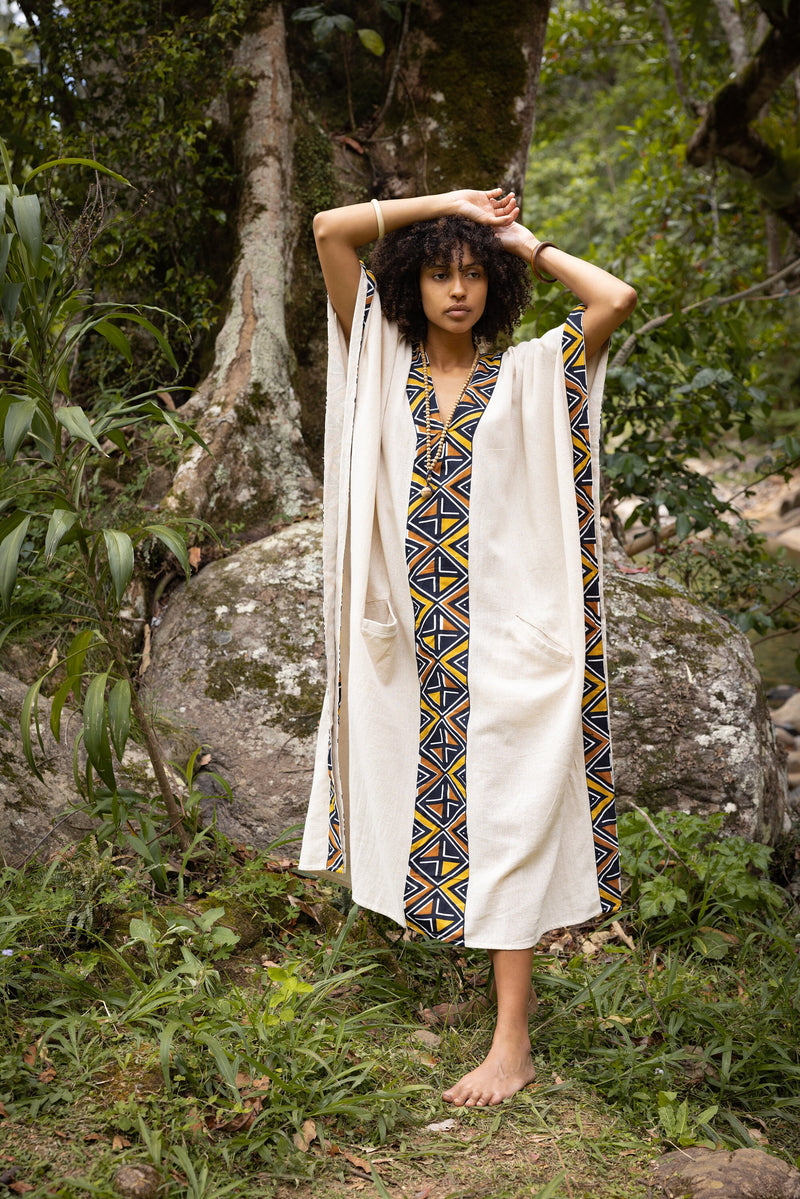 KAFATU Womens Beige Kaftan Dress Maxi African Tribal Patterns Handmade Robe Natural Cotton with Pockets Ceremony Ritual Festival Boho AJJAYA