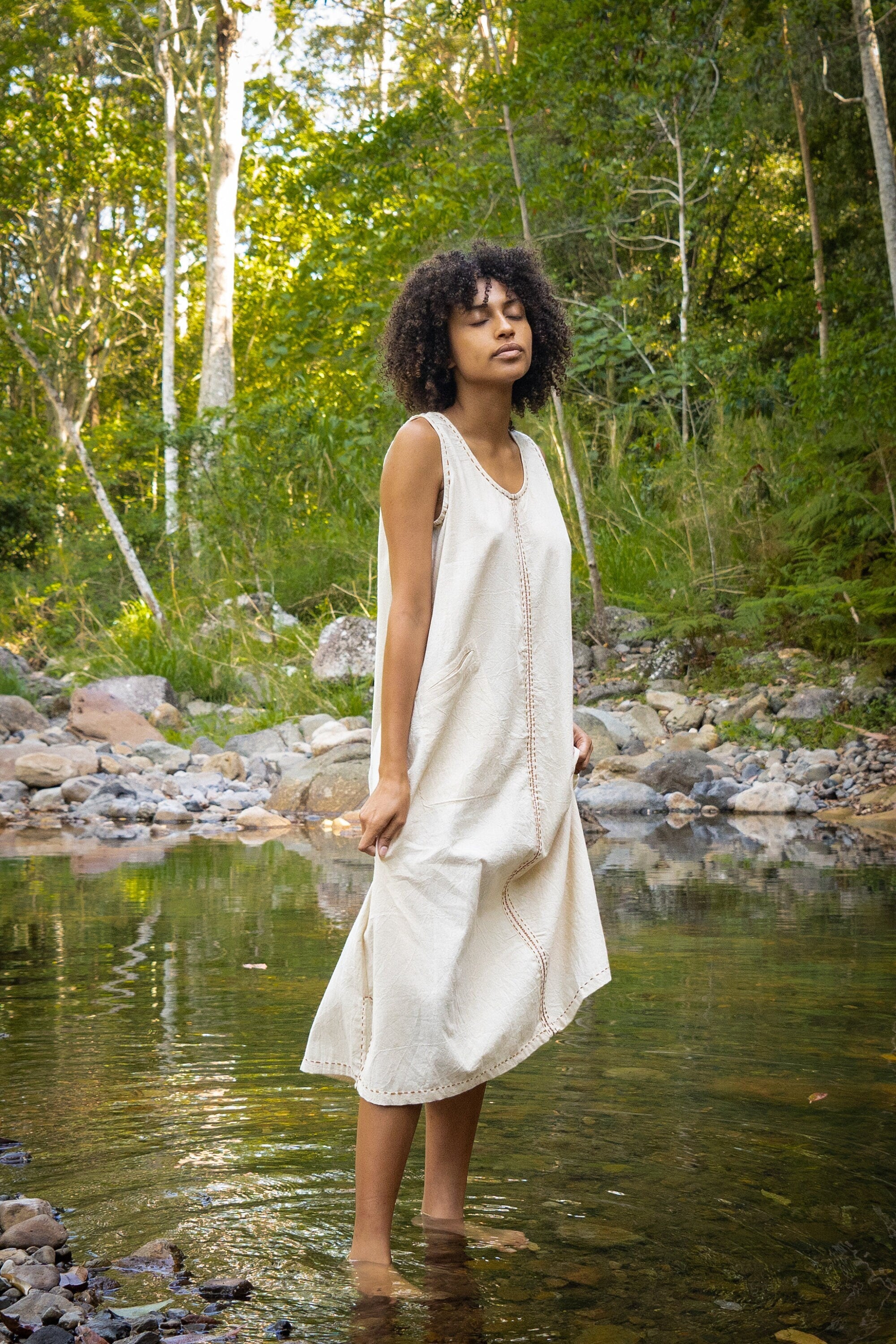 AHUA Beige Dress Maxi Long Simple Natural Cotton Sleeveless – AJJAYA
