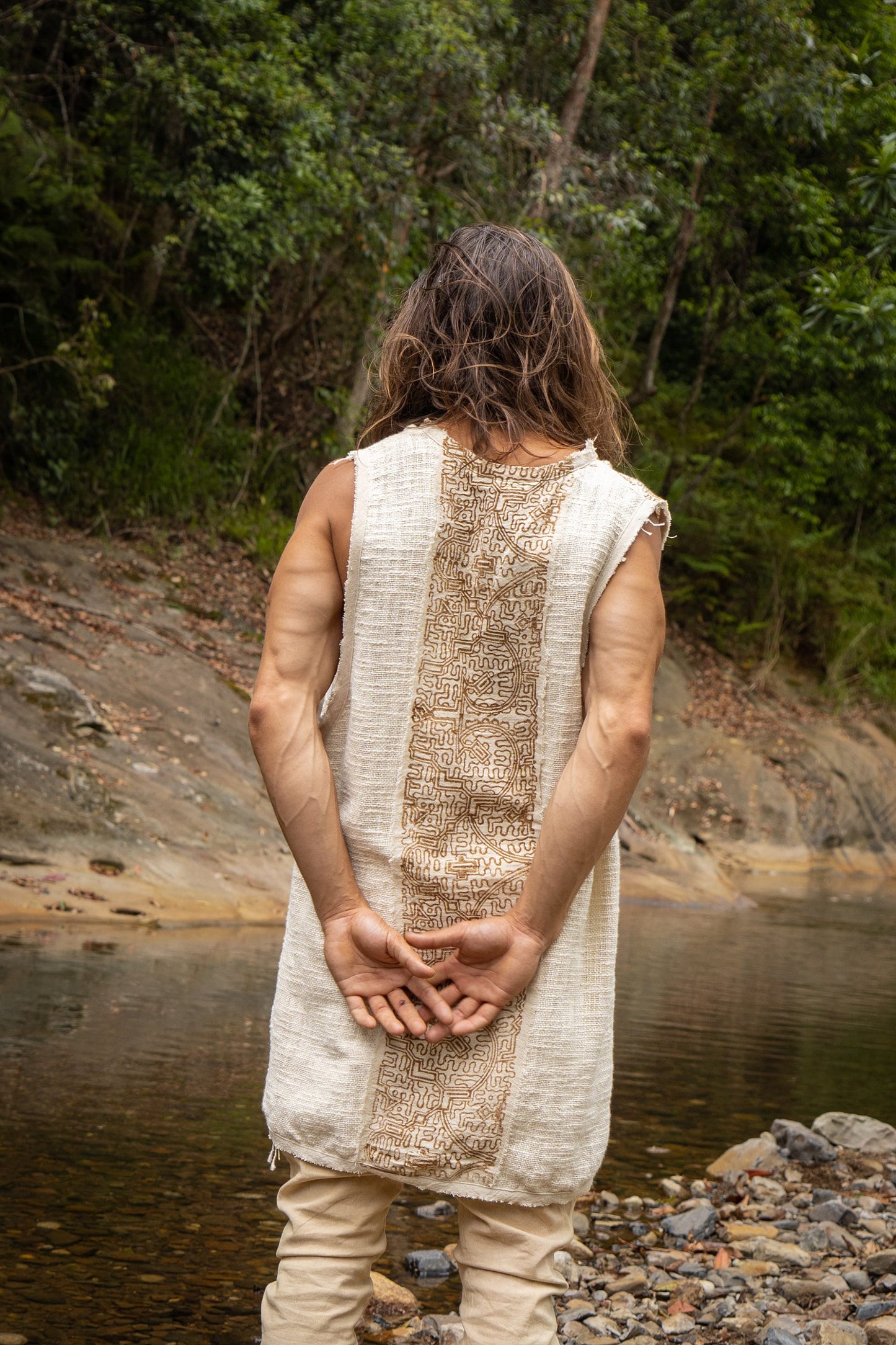AKAU Beige Tank Top Sleeveless Shirt Shipibo Block Printed Handmade Natural Muscle Cotton Shamanic Tribal Festival Ceremony Ritual AJJAYA