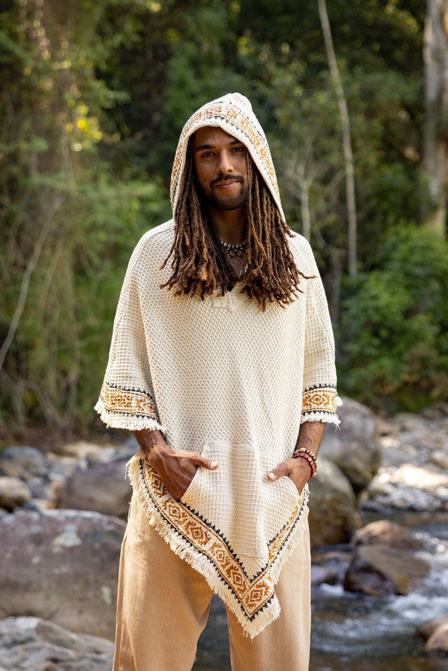 VECHO Poncho Beige Mens Hooded Vegan Textured Cotton with Hood Block Printed Tribal Pattern Gypsy Festival Boho ceremony ritual AJJAYA