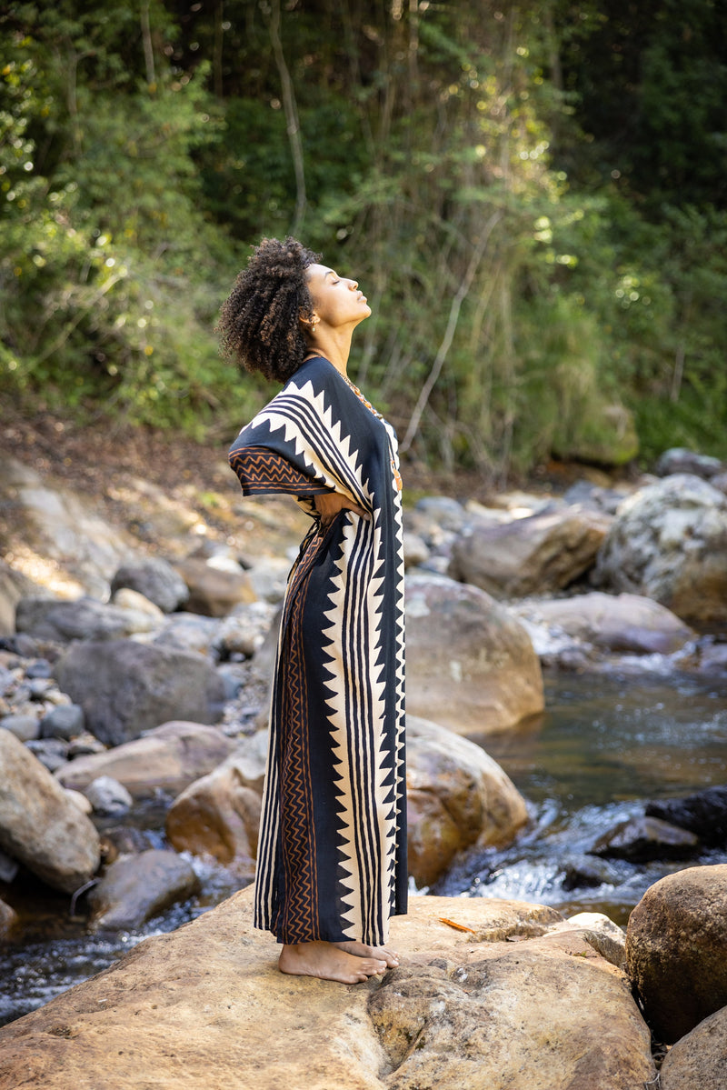 ELGA Kaftan Maxi Long Dress Soft Breathable Cotton-Rayon Fabric Tribal Black White African Patterns Boho Festival Elegant Shamanic AJJAYA