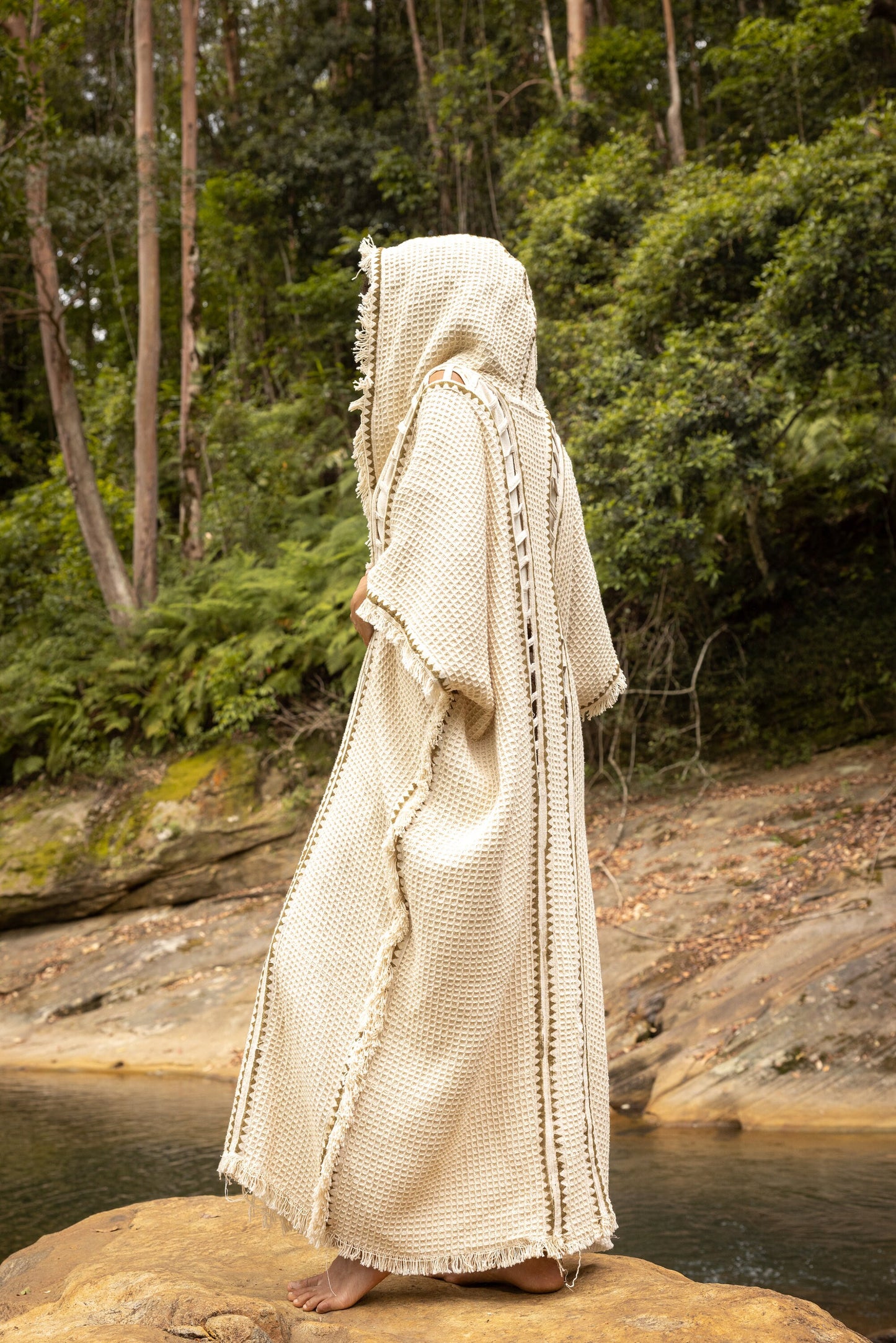 MAGOS WIZARD Ivory Beige Long Hooded Kimono Vest Robe Tribal Ritual Ceremony Gypsy Festival Magic Ritual Primitive Rave Boho Earthy AJJAYA