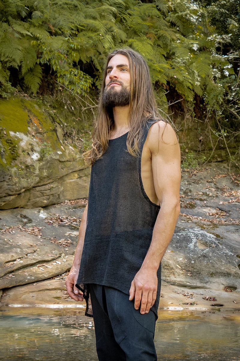 TAKU Mens Tank Top Beige Tribal Asymmetric Natural Netted Cotton Breathable Loose Free Flow Festival Plant Based Dyed Muscle Shirt AJJAYA