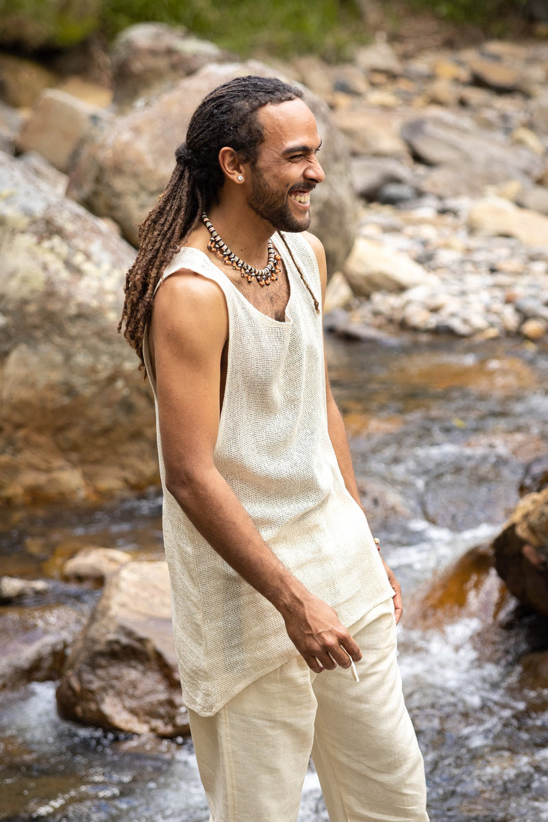 TAKU Mens Tank Top Beige Tribal Asymmetric Natural Netted Cotton Breathable Loose Free Flow Festival Plant Based Dyed Muscle Shirt AJJAYA