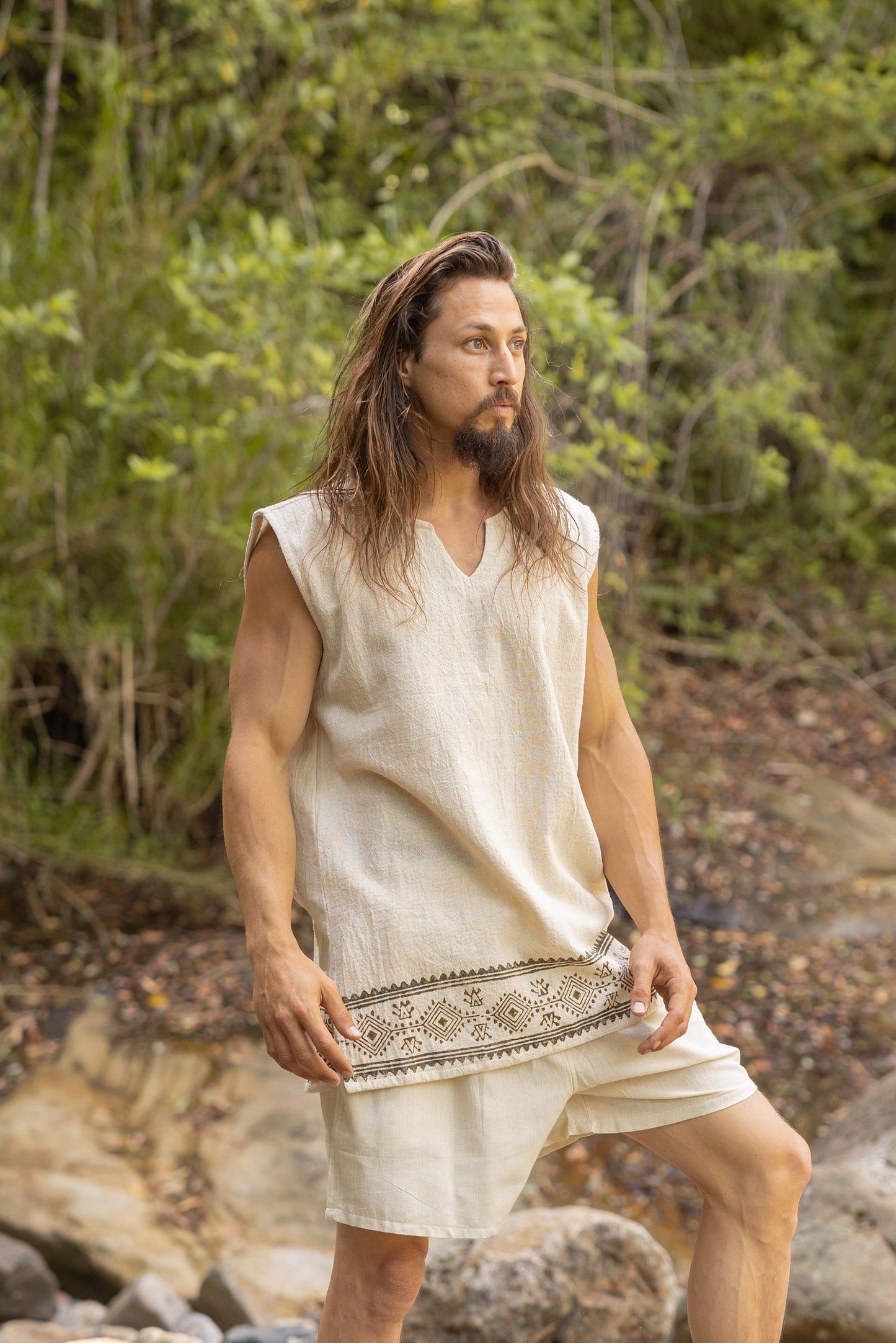 KULDI Mens Yoga Tank Top Beige Sleeveless Natural Cotton Handmade Block Printed Plant Eco Dye Festival Tribal Ceremony Ritual Earthy AJJAYA