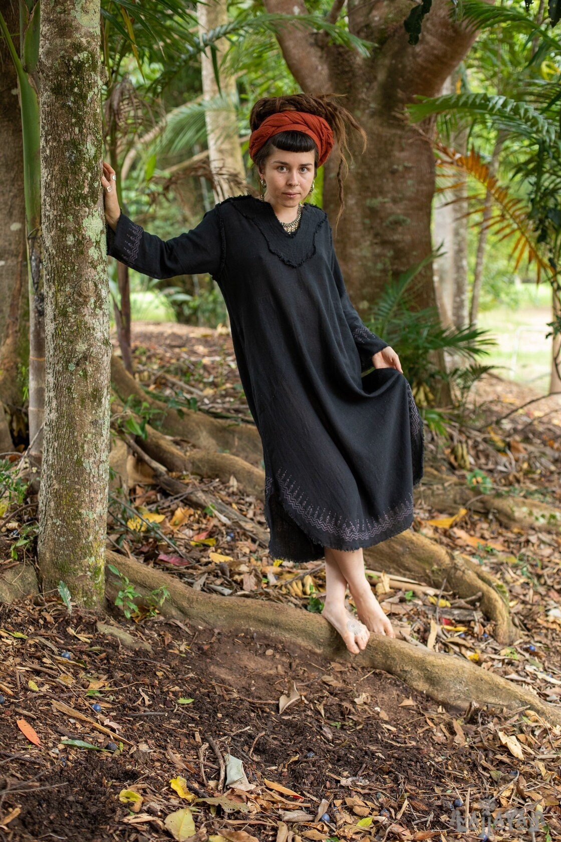 YOSEPH Black Aramaic Gown Womens Kurta Long Top Dress Shirt Biblical Natural Cotton Handwoven Block Print Natural AJJAYA Black / M/L