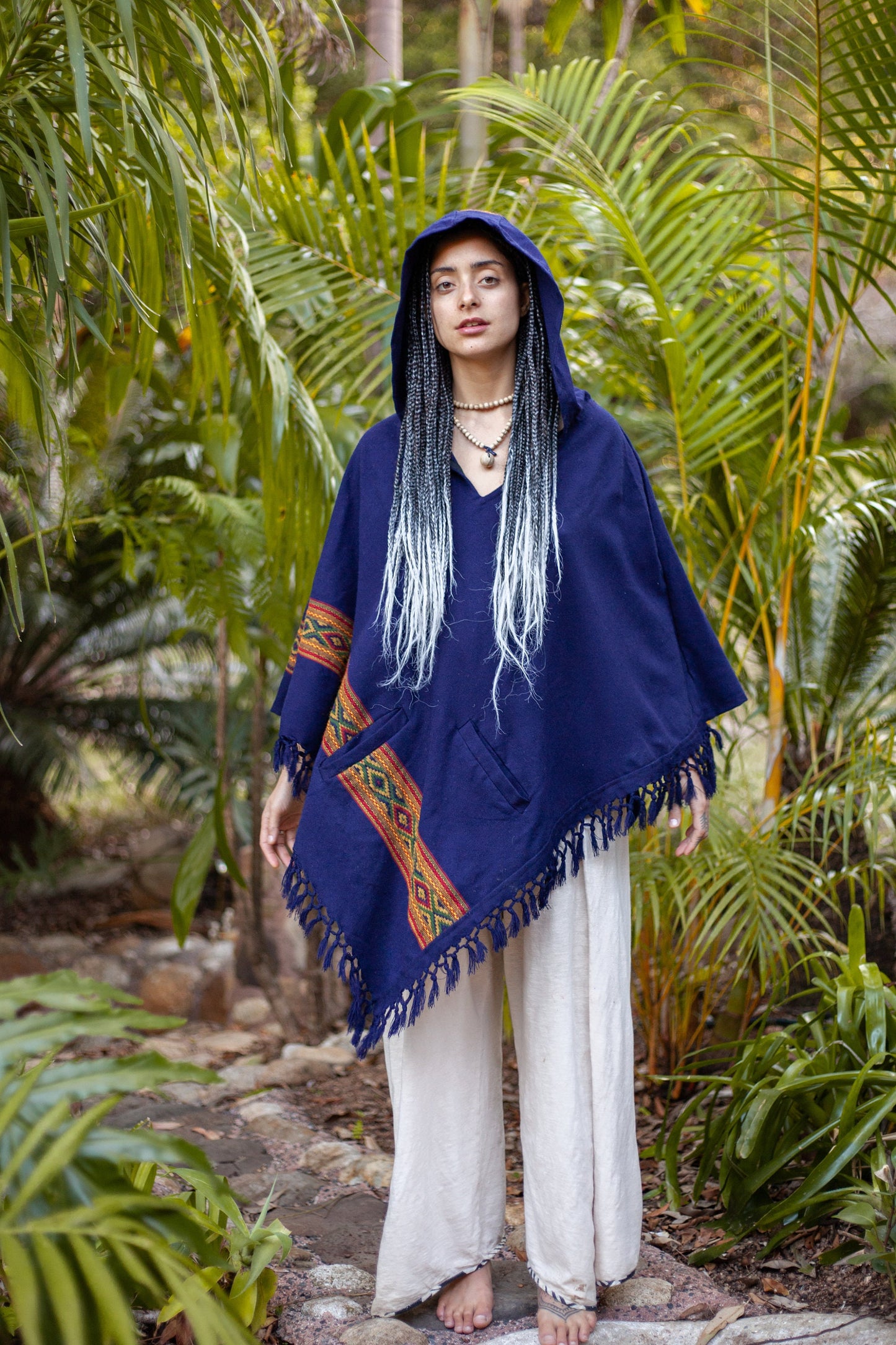 UPEKKHA Womens Poncho Indigo Purple Hooded Cashmere and Acrylic Wool Tribal Embroidery Large Hood Pockets Hippie Primitive Boho AJJAYA