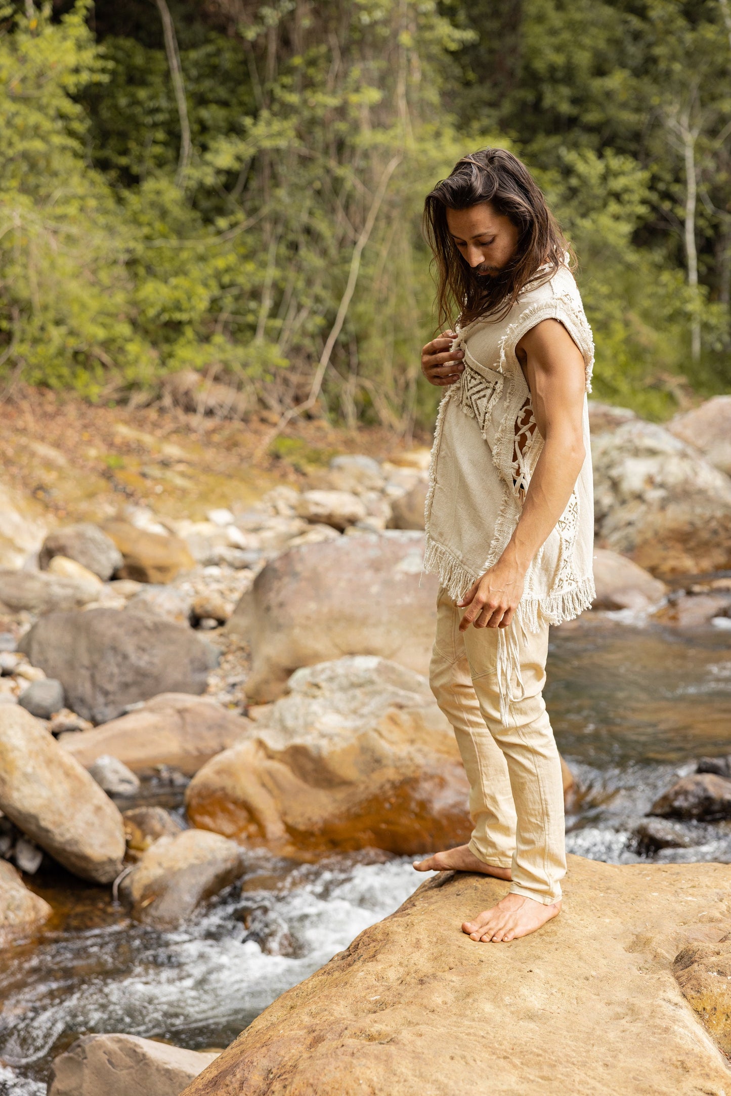 TAONGA Mens Vest Beige Cotton With Pocket Block Printed Tribal Patterns Handmade Naturally Dyed Earthy Viking Primitive Goa Festival AJJAYA