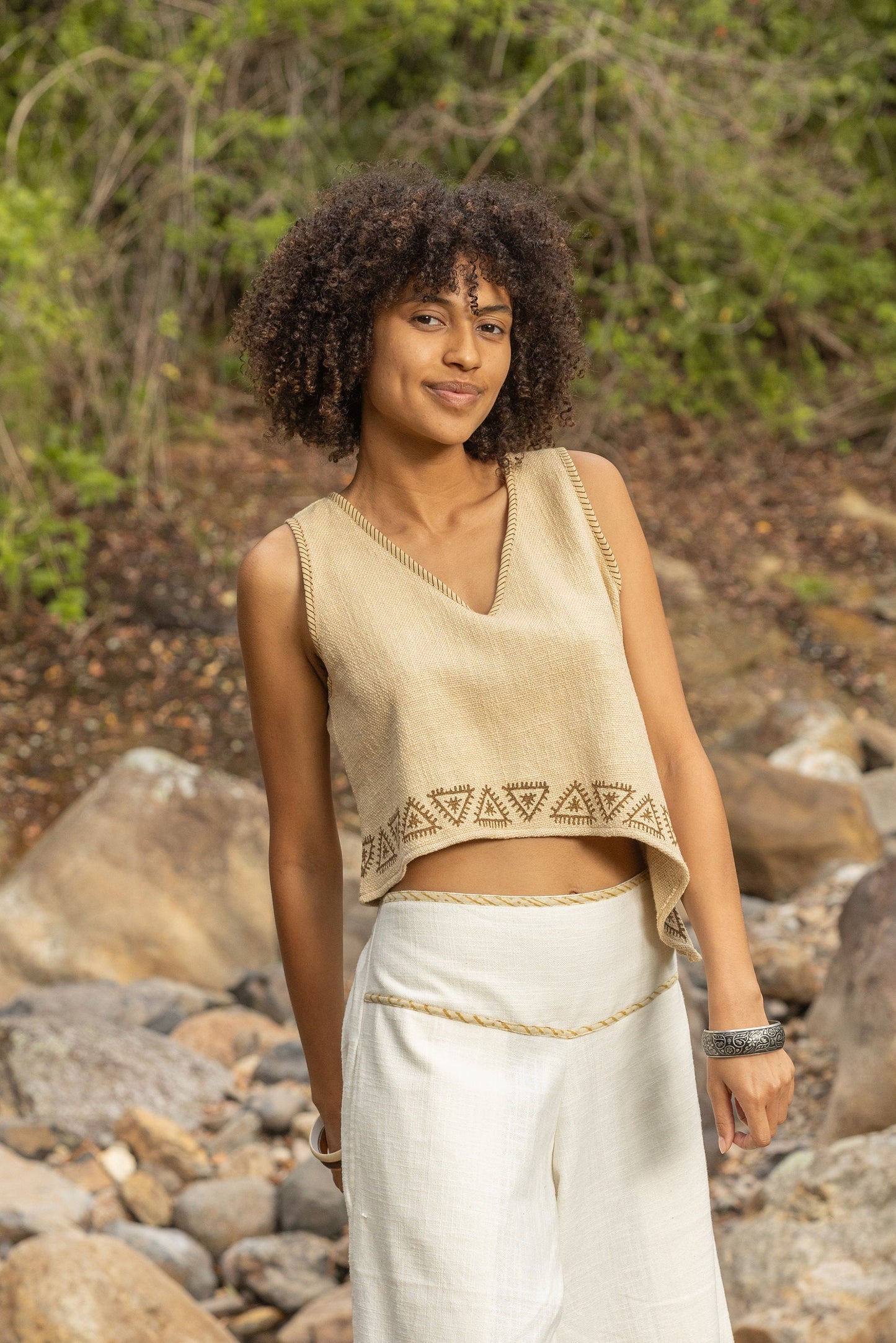 ELLA Asymmetric Crop Top Yoga Sleeveless Natural Cotton Block Printed Tribal Patterns V Neck Tank Shirt Festival Ceremony Pixie Boho AJJAYA