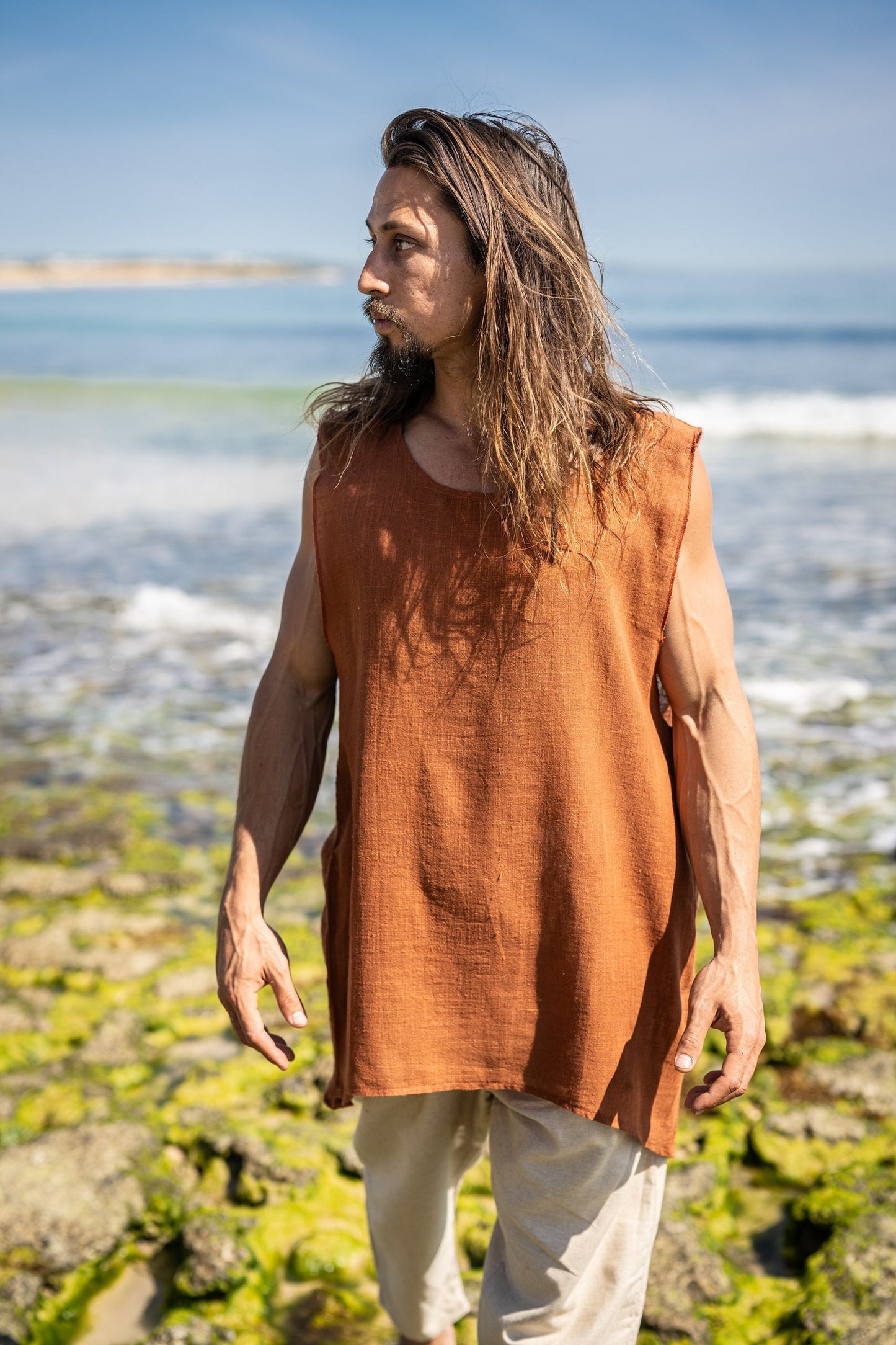 BALAKA Tank Top Rustic Orange Tribal Sleeveless Shirt Ultra Thin Natural Cotton Breathable Loose Fit Festival Plant Based Dyed Muscle Shirt AJJAYA