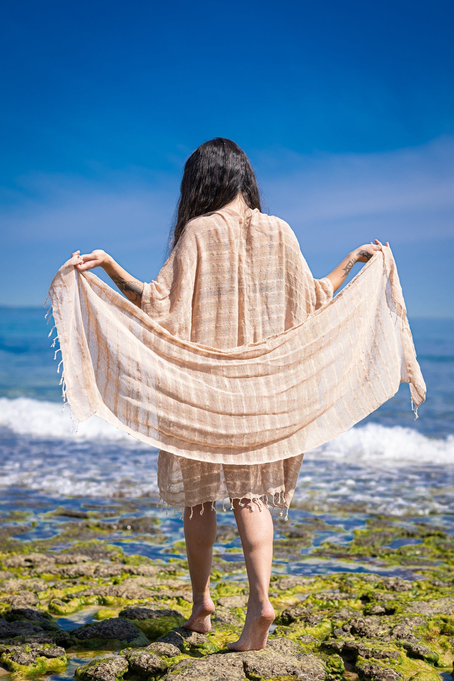 THEA Kimono Scarf Shawl Wrap Bundle Set Sandalwood Light Brown Beach Festival Natural Netted Cotton See Through Soft Free Flow Boho AJJAYA