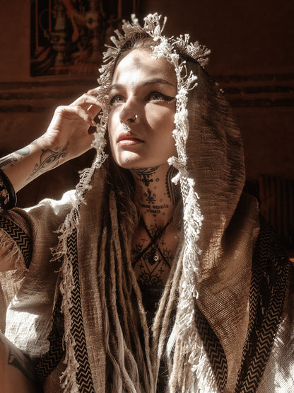 WIZARD Femmes Beige À Capuche Kimono Gilet Tribal Rituel Cérémonie Chamanique Gypsy Festival Rituel Magique Alchimie Primitive Rave Boho Terreux AJJAYA