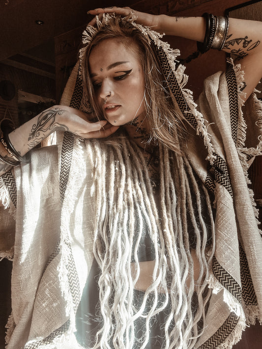 WIZARD Womens Hooded Kimono Vest Beige Tribal Ritual Ceremony Shamanic Gypsy Festival Magic Ritual Alchemy Primitive Rave Boho Earthy AJJAYA