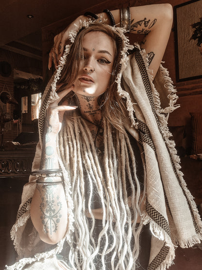 WIZARD Femmes Beige À Capuche Kimono Gilet Tribal Rituel Cérémonie Chamanique Gypsy Festival Rituel Magique Alchimie Primitive Rave Boho Terreux AJJAYA
