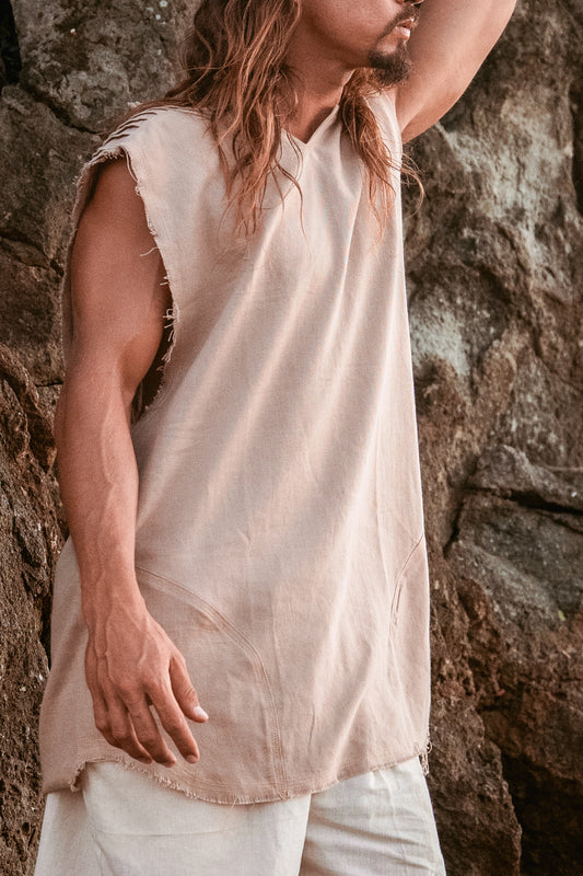 DESU Mens Tank Top Handmade Neo Apocalyptic Sleeveless Earthy Shirt, Tribal V Neck Rave AJJAYA Nomadic Primitive