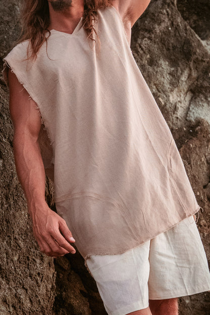 DESU Mens Tank Top Handmade Neo Apocalyptic Sleeveless Earthy Shirt, Tribal V Neck Rave AJJAYA Nomadic Primitive