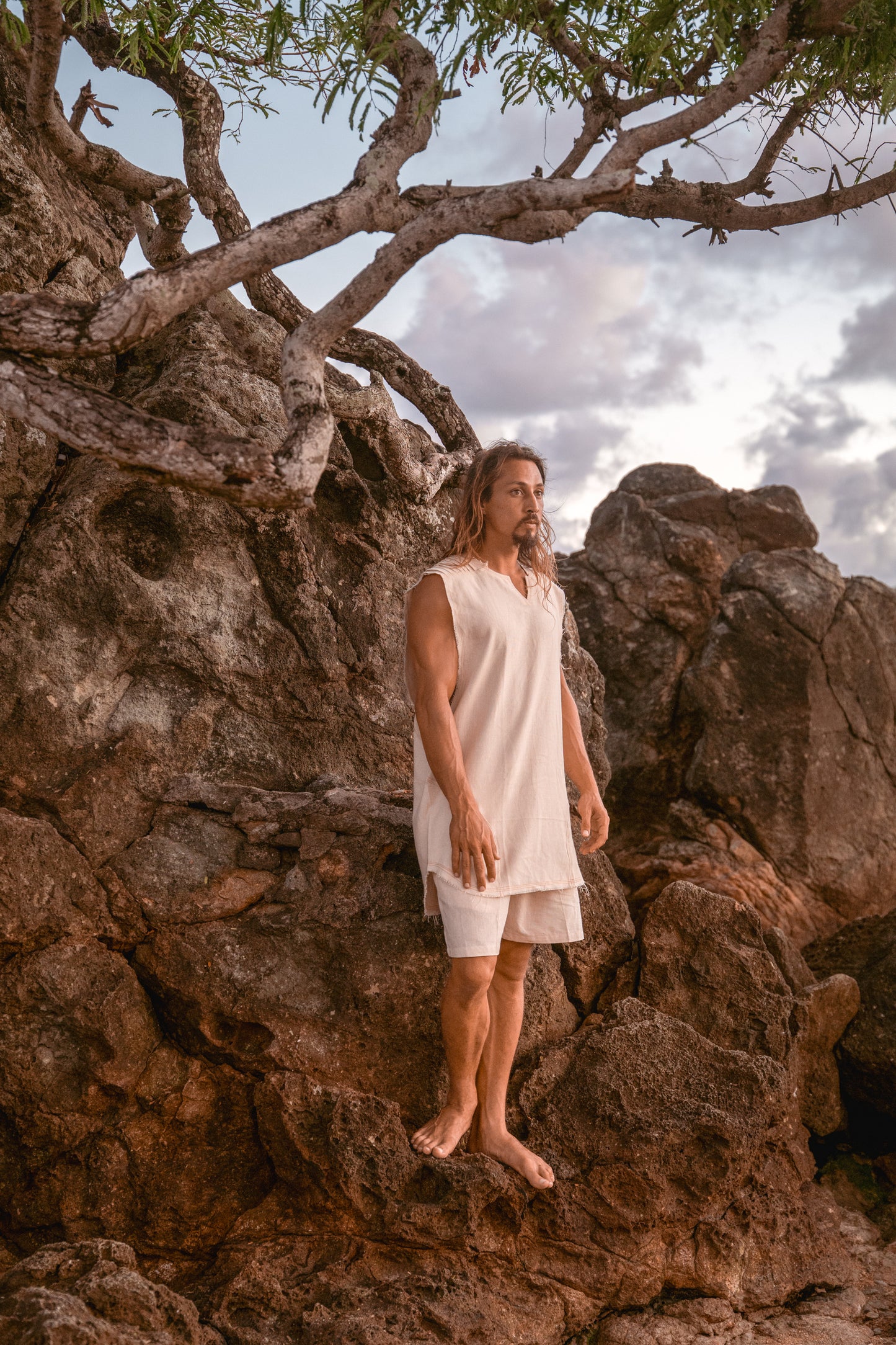 男式背心手工米色 Neo Gypsy 无袖朴实上衣衬衫，部落丛林自然野蛮脖子节日狂欢 AJJAYA 游牧原始