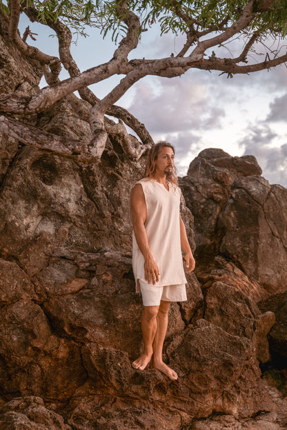 Débardeur pour homme fait à la main Beige Neo Gypsy sans manches Earthy Top Shirt, Tribal Jungle Natural Savage Neck Festival Rave AJJAYA Nomadic Primitive