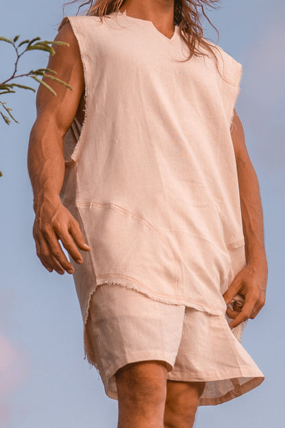 Débardeur pour homme fait à la main Beige Neo Gypsy sans manches Earthy Top Shirt, Tribal Jungle Natural Savage Neck Festival Rave AJJAYA Nomadic Primitive