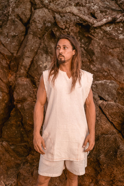 Débardeur pour homme fait à la main Beige Neo Gypsy sans manches Earthy Top Shirt, Tribal Jungle Natural Savage Neck Festival Rave AJJAYA Nomadic Primitive