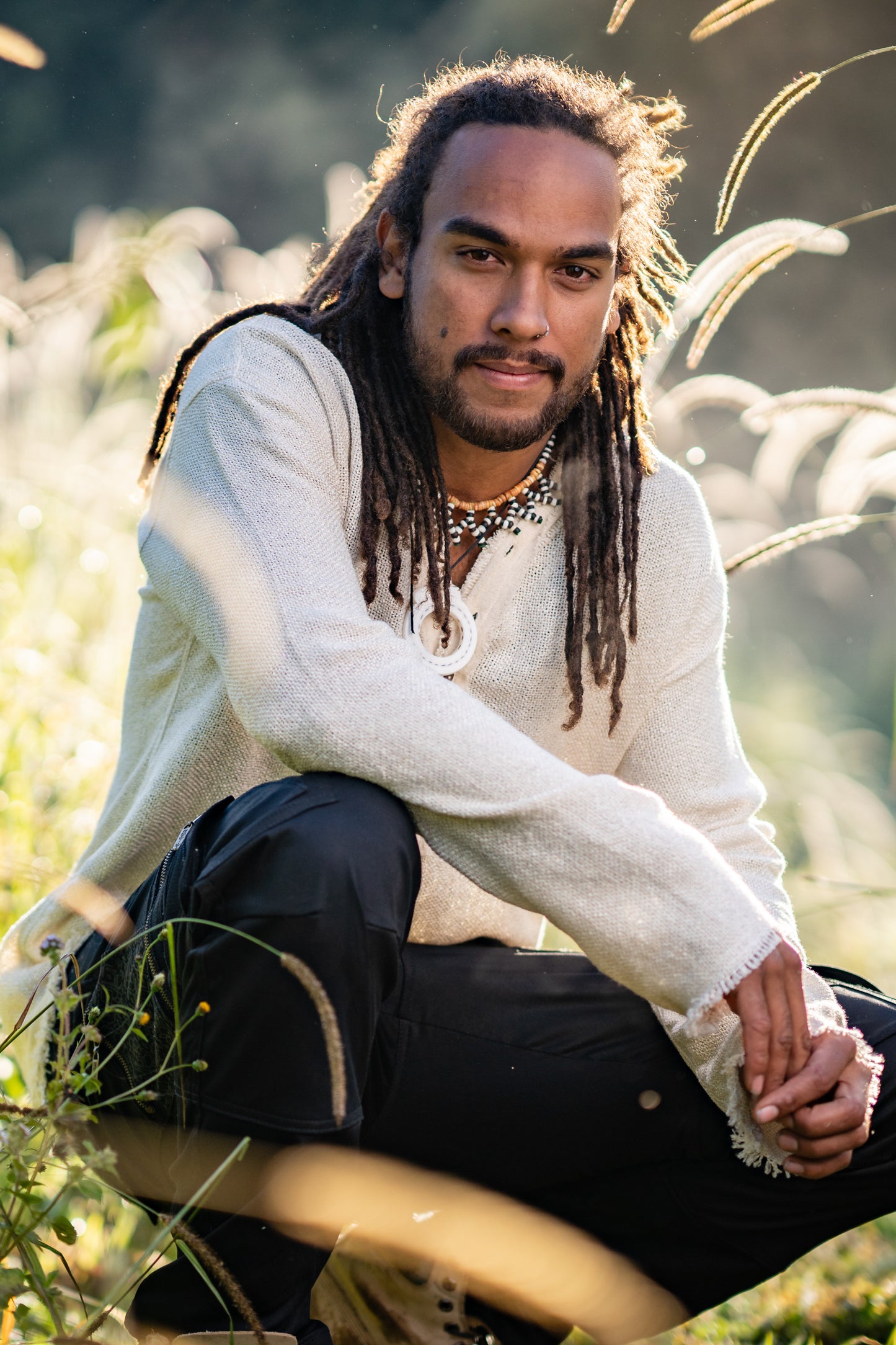 Camisa apocalíptica beige Neo Matrix hecha a mano de manga larga para hombre, Gypsy Earthy Rugged Tribal Nomadic Ethnic Rave Primitive AJJAYA