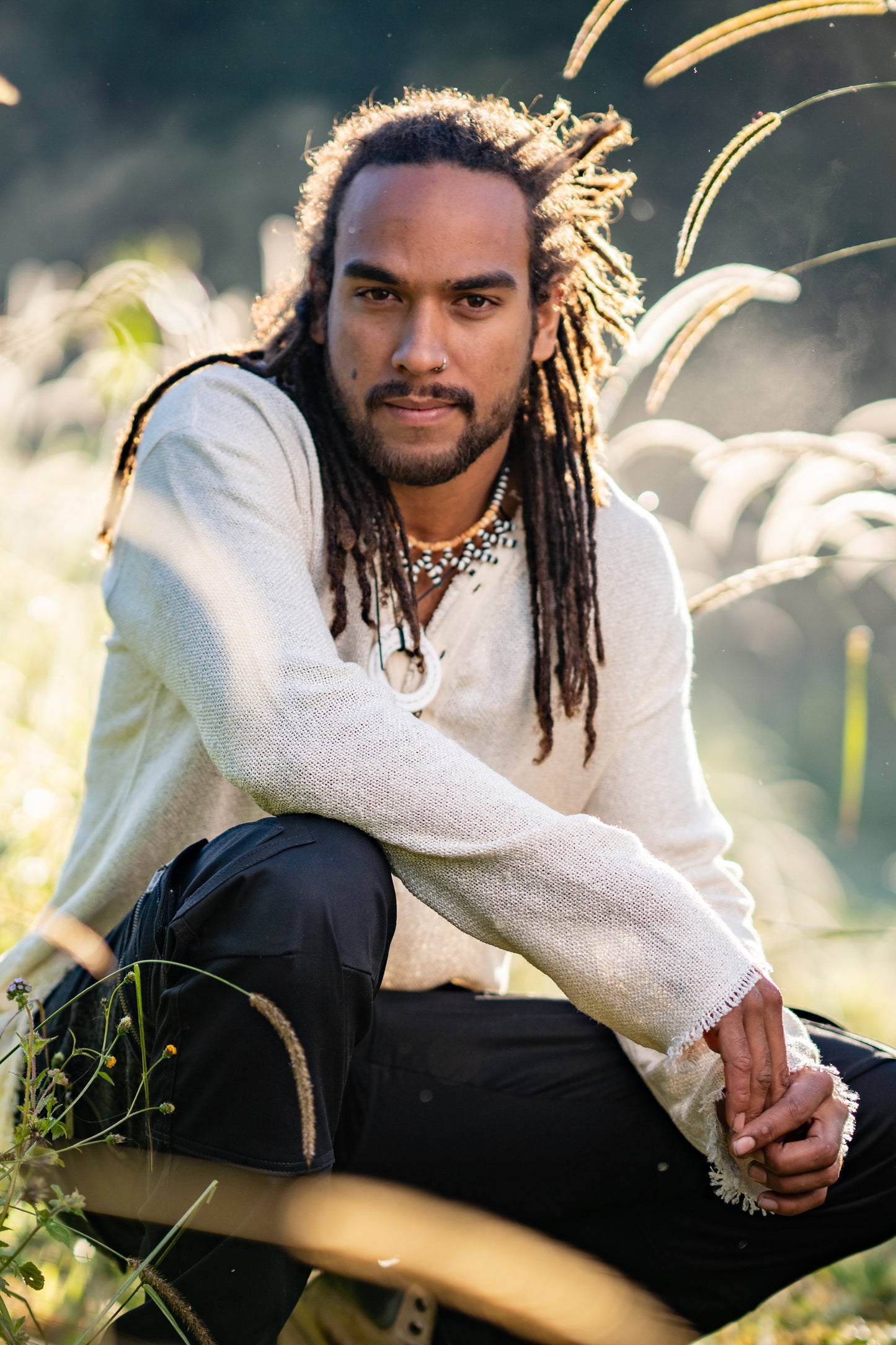 Mens Long Sleeve Top Handmade Neo Matrix Beige Apocalyptic Shirt, Gypsy Earthy Rugged Tribal Nomadic Ethnic Festival Rave Primitive AJJAYA