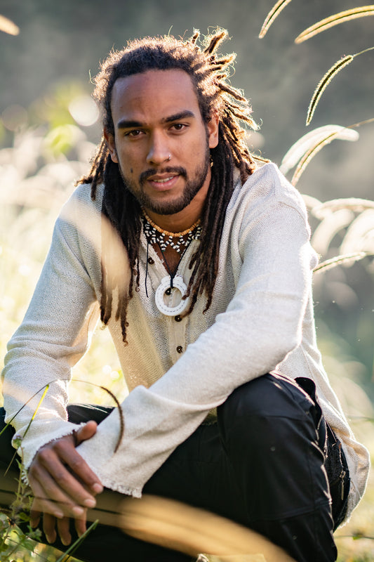 Mens Long Sleeve Top Handmade Neo Matrix Beige Apocalyptic Shirt, Gypsy Earthy Rugged Tribal Nomadic Ethnic Festival Rave Primitive AJJAYA