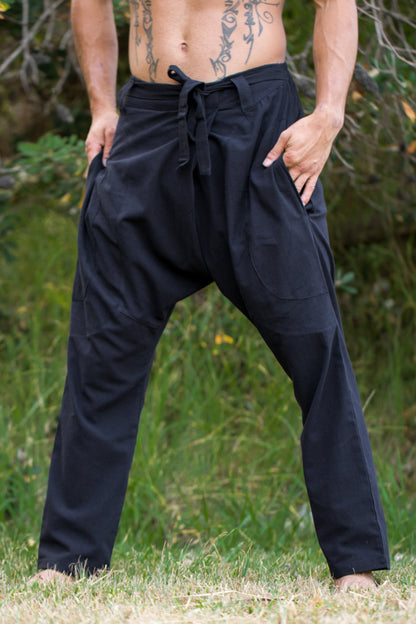 Mens Cotton Pants Black Drop Crotch Harem Alibaba Yoga Comfortable Breathable One Size Loose Fit Festival Boho Hippie Natural Earthy AJJAYA