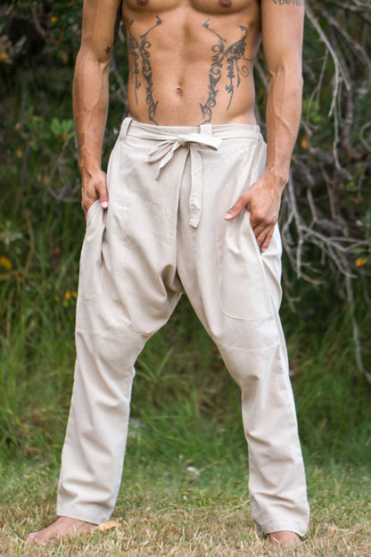 Mens Cotton Pants Olive Green Drop Low Crotch Harem Alibaba Yoga Comfortable One Size Loose Fit Festival Boho Hippie Natural Earthy AJJAYA