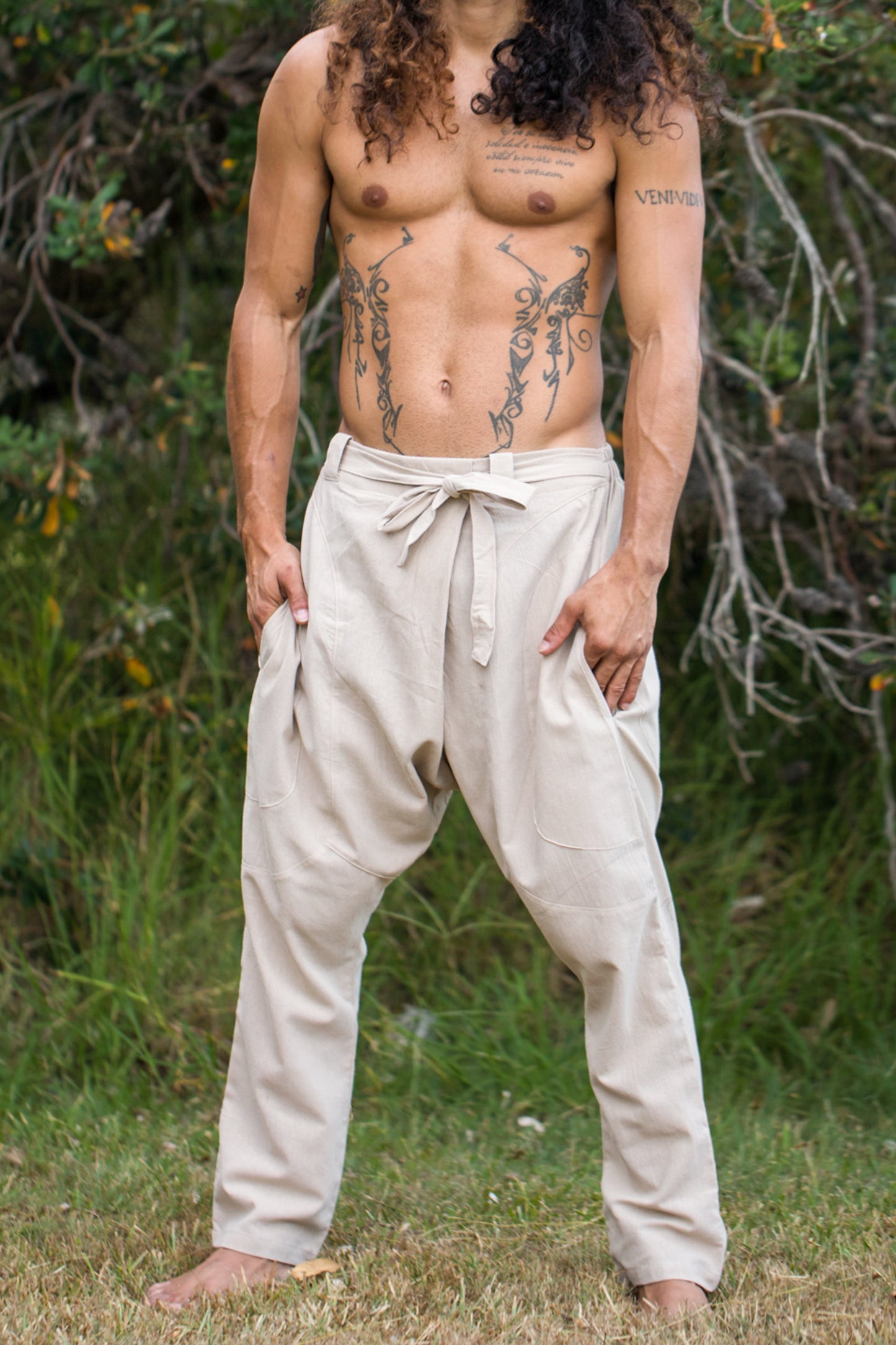 Mens Pants Beige Afghani Harem Drop Crotch, Primitive Handmade Comfortable Yoga Gypsy Boho Alibaba Aladdin Festival Goa two Pockets AJJAYA