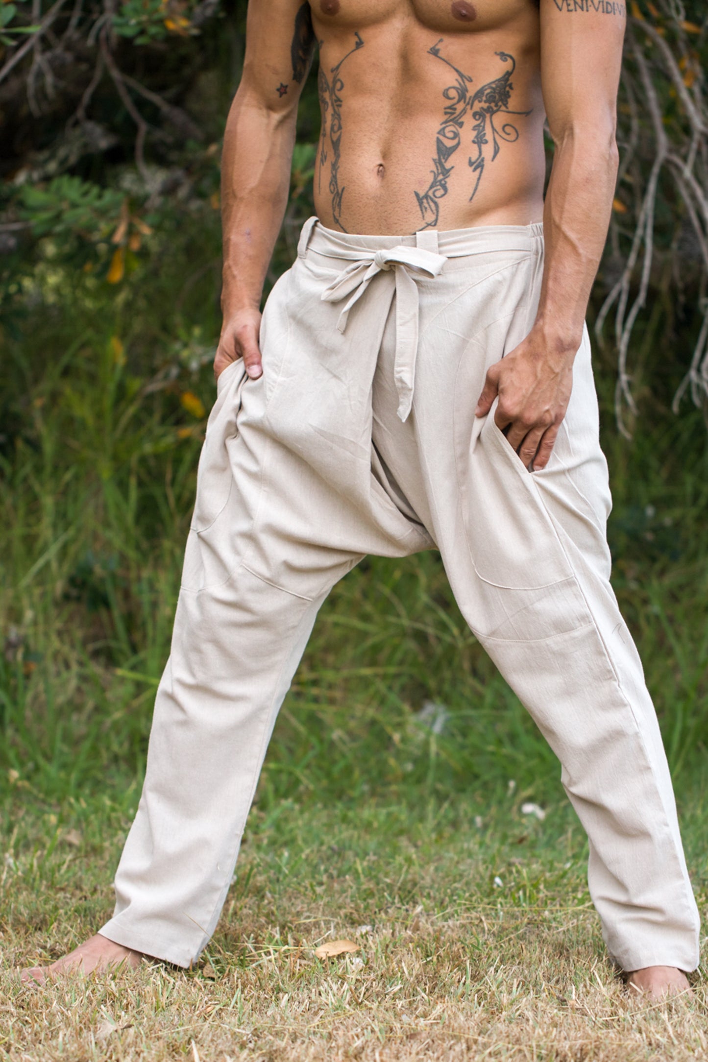 Mens Pants Beige Afghani Harem Drop Crotch, Primitive Handmade Comfortable Yoga Gypsy Boho Alibaba Aladdin Festival Goa two Pockets AJJAYA