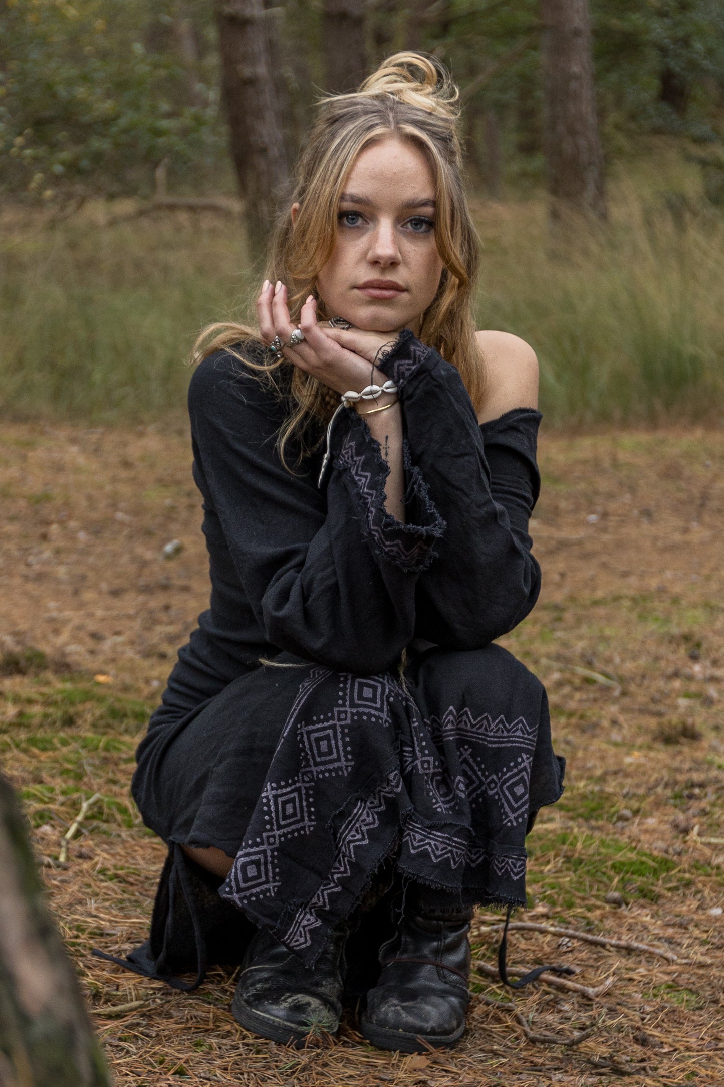 MISTIK Maxi Dress Night Black Long Sleeve Hooded Ankle Length Natural Dyed Cotton Block Printed Pattern Fairy Gypsy Boho Festival AJJAYA