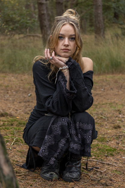 MISTIK Maxi Dress Night Black Long Sleeve Hooded Ankle Length Natural Dyed Cotton Block Printed Pattern Fairy Gypsy Boho Festival AJJAYA