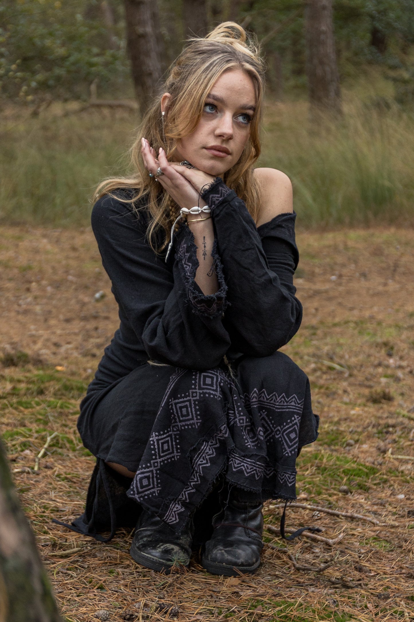 MISTIK Maxi Dress Night Black Long Sleeve Hooded Ankle Length Natural Dyed Cotton Block Printed Pattern Fairy Gypsy Boho Festival AJJAYA