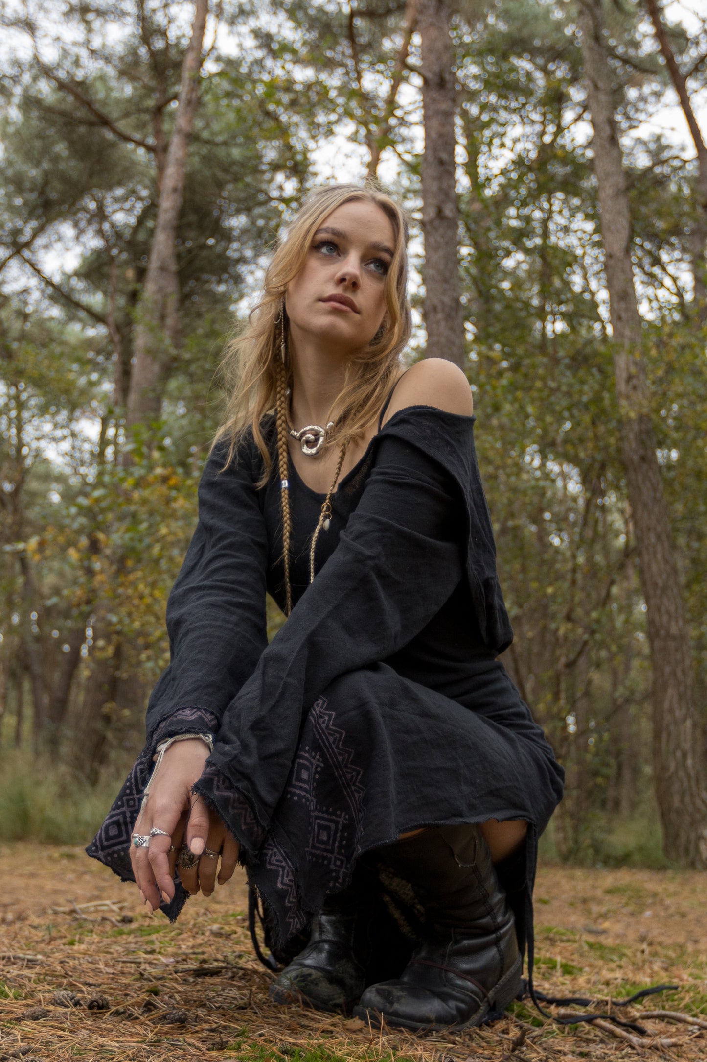 MISTIK Maxi Dress Night Black Long Sleeve Hooded Ankle Length Natural Dyed Cotton Block Printed Pattern Fairy Gypsy Boho Festival AJJAYA