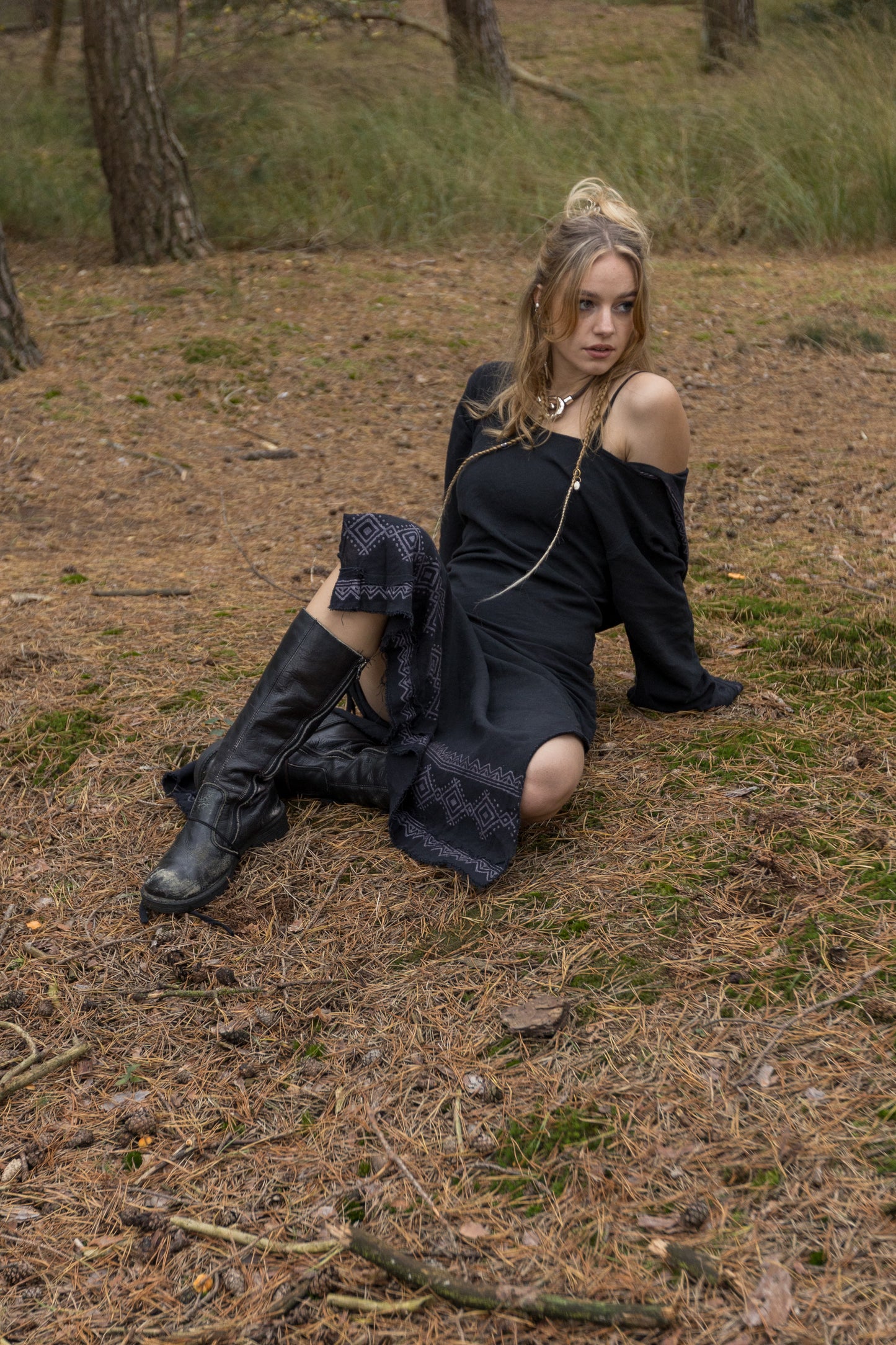 MISTIK Maxi Dress Night Black Long Sleeve Hooded Ankle Length Natural Dyed Cotton Block Printed Pattern Fairy Gypsy Boho Festival AJJAYA