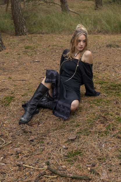 MISTIK Maxi Dress Night Black Long Sleeve Hooded Ankle Length Natural Dyed Cotton Block Printed Pattern Fairy Gypsy Boho Festival AJJAYA
