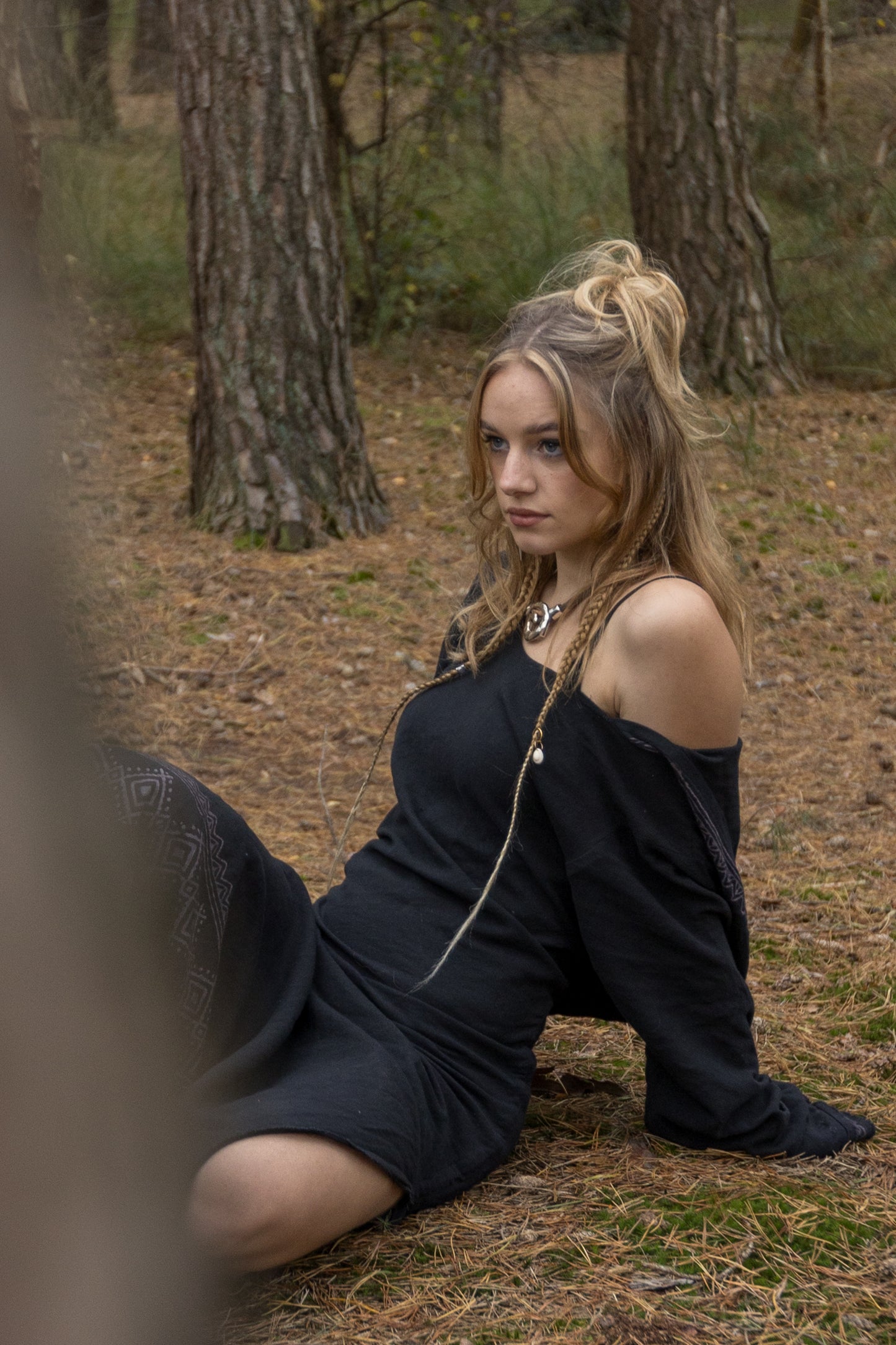 MISTIK Maxi Dress Night Black Long Sleeve Hooded Ankle Length Natural Dyed Cotton Block Printed Pattern Fairy Gypsy Boho Festival AJJAYA