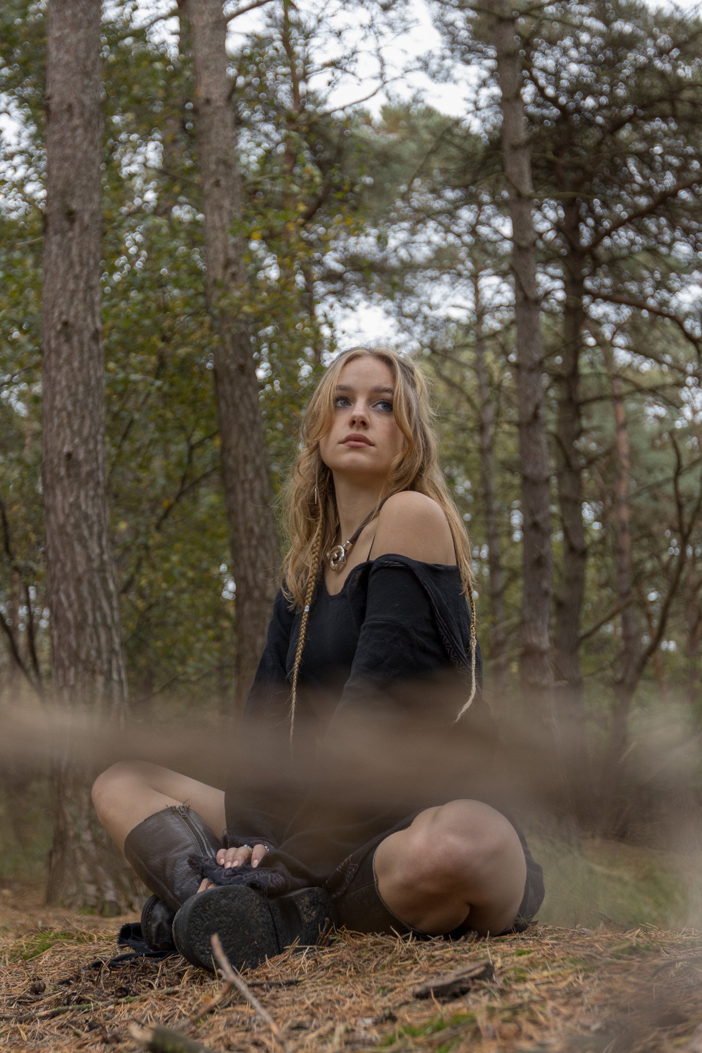 MISTIK Maxi Dress Night Black Long Sleeve Hooded Ankle Length Natural Dyed Cotton Block Printed Pattern Fairy Gypsy Boho Festival AJJAYA