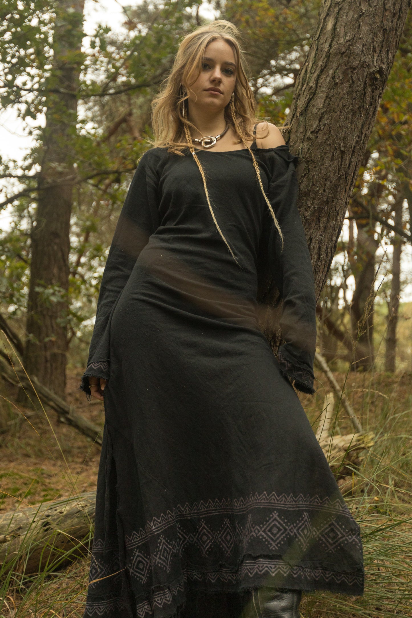 MISTIK Maxi Dress Night Black Long Sleeve Hooded Ankle Length Natural Dyed Cotton Block Printed Pattern Fairy Gypsy Boho Festival AJJAYA